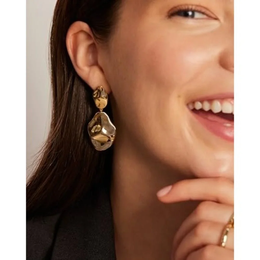 Gold Molten Organic‎ Drop Earrings Hammered Sculptural Statement Jewelry